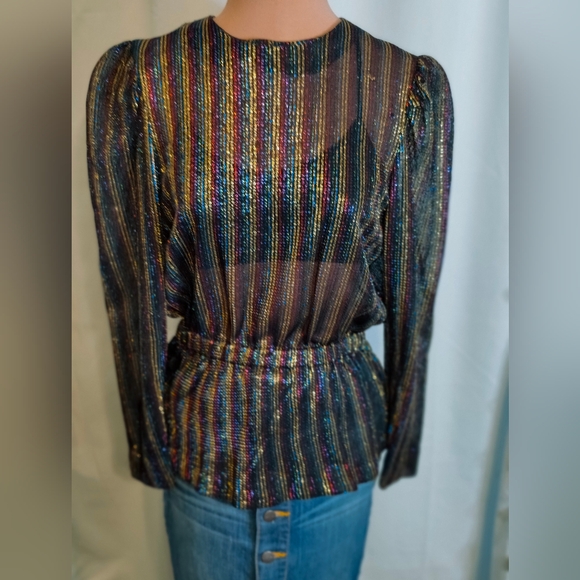 80s peplum Lurex disco Top rainbow Metallic Vintage popover S - Picture 2 of 11